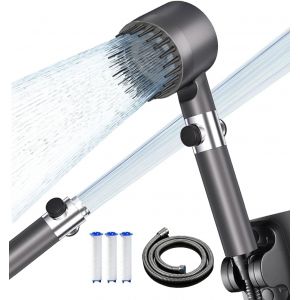 KGABERY-Pommeau De Douche Haute Pression,Pommeau Douche,Douche Filtrée,Avec Flexible De Douche De 1,5 M Et Support De Douche,4 Modes D'Eau,Avec Brosse De Massage,Douchette À Main Avec Bouton Marche/Arrêt - Neuf