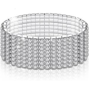 Kal-2 Pièces Bracelets Extensibles En Strass, Tennis Diamant, Bijoux Empilables De Mariée Étincelants En Cristal D'argent, Élastique Pour Fête De Mariage Femmes - Neuf