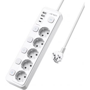 JGD-Bloc Multiprise USB avec 5 Prises Interrupteur Individuel,Multiprise avec 4 Ports USB Chargeur(2 USB A+2 USB C) Prise Multi Multiprise Electrique pour la Maison Le Bureau ou la Cuisine,2M-Blanco - Neuf