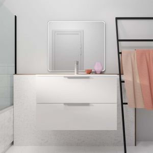 Meuble de Salle de Bains 60cm Suspendu Blanc 2 Tiroirs - Vasque Blanche - ELEMENTARY - Neuf