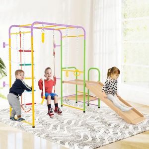 Costway Gymnase Montessori 8 En 1 : Mur D'escalade,Barres, Echelle, Corde &Agrave; Grimper, Anneaux, Balan&ccedil;oire, Toboggan Et Grimpeur - Neuf