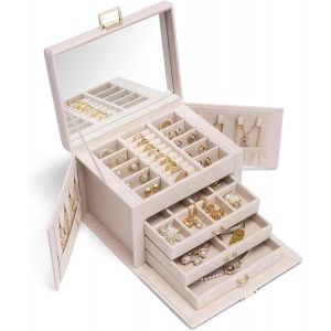 Jexnovashop-Grande Bo&icirc;te &Agrave; Bijoux &Agrave; 4 Niveaux - En Cuir Synth&eacute;tique - Avec Miroir Et Tiroirs - Organiseur De Bijoux - Doublure En Velours - Beige - Neuf