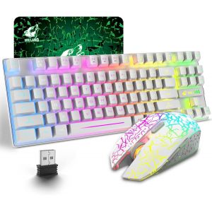 Clavier Et Souris Sans Fil, Souris Sans Fil Rvb Et Clavier, Rechargeable 3800Mah Batterie M&eacute;canique Feel Keyboards Rainbow Led Backlight Mute Mice Pour Ordinateur Portable Pc Mac - Blanc - Neuf