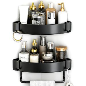 Etagere Douche &agrave; 2 Niveaux avec Porte Serviettes et 2 Crochets, Etagere Salle de Bain en Acier Inoxydable, Support Douche Sans Percage Noir, Rangement Salle de Bain pour Bouteilles de Shampoing Gel - Neuf