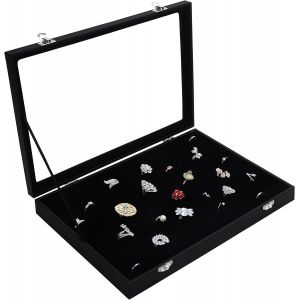 Presentoir Bagues En Velours Noir Avec Couvercle - Présentoir Bague Avec 100 Encoches - Rangement Bagues, Boucles Doreilles Et Boutons De Manchettes Avec Couvercle Transparent - Neuf