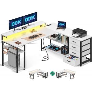 Yemaesre-Bureau Avec Tiroirs, 155×110cm Bureaux D'angle Réversible Avec 2 Pr S Et 2 Ports Usb, Led Pour Bureau À Domicile, Blanc - Neuf