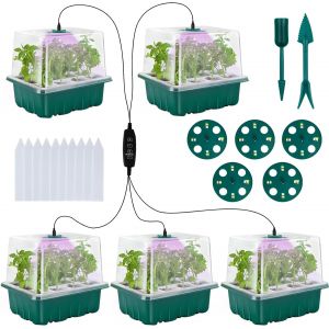 ASFASFq-Mini Serre pour Plantes, 5 Pièces 60 Cellules Intérieure Plateau Semis avec Lampe de Croissance, Couvercles, 10 Étiquettes et 2 Outils, Bac à Semis avec 4 Modes de Lumière Temporisés - Neuf