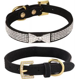 Chenquansarl-Collier Pour Chien Et Chat - En Cuir De Velours De Qualité Supérieure Avec Strass - Avec Noeud Papillon - Pour Chiot, Chat Et Chien De Taille Moyenne - Xs - Noir - Neuf