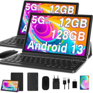 2024 Tablette 10 Pouces Android 13 Octa Core Avec 12Go Ram + 128Go Rom (1To Tf) | 5G + 2.4G Wifi | Fhd | Gps | Bluetooth 5.0 | 8Mp + 5Mp | Type C, Tablette Tactile Avec &Eacute;tui, Clavier Et Souris - Noir - Neuf
