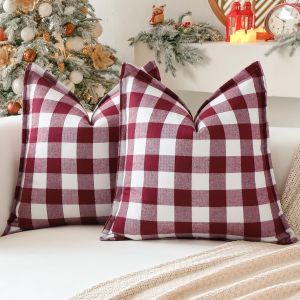 Cauc-Lot De 2 Housses De Coussin Carr&eacute;es D&eacute;coratives De No&euml;l En Lin Avec Bords Cousus Pour Canap&eacute;, Lit, Salon, 60 X 60 Cm (Rouge Et Blanc) - Neuf