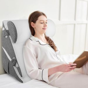 Ulteronixshop-Coussin de Lecture pour Lit, Oreiller Dossier R&eacute;glable en Mousse M&eacute;moire, Triangulaire Pliable pour Apn&eacute;e du Sommeil, Reflux, &Eacute;l&eacute;vation des Jambes et Confort Dorsal (Blanc Gris) - Neuf