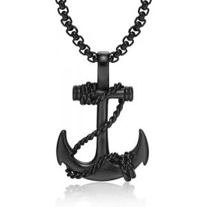 Kal-Collier Ancre En Zama - Argent Ou Noir - Pendentif 34x24 Mm Avec Cha&icirc;ne De 60 Cm - Style Marin Symbolique Unisexe - Neuf