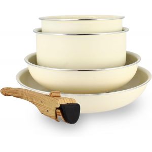 Kalanka-- Batterie De Cuisine Amovible Revêtement Antiadhésif Céramique Sans Pfas/Ptfe - 2 Poêles 22/26cm, 2 Casseroles 16/18cm, 1 Poignée - Tous Feux Dont Induction ¿ Alu Recyclé Crème - 6020587 - Neuf