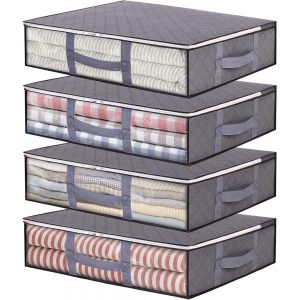 MEVRONISSHOP-Lot de 4 sacs de rangement pliables de 40 L avec fen&ecirc;tre transparente et poign&eacute;es renforc&eacute;es, organiseur &agrave; fermeture &eacute;clair pour couettes, couvertures, literie, gris - Neuf