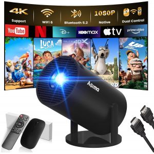[App Intégrée] Mini Vidéoprojecteur 1080P 4K Supporte Mini Projecteur Portable, Dual Contrôle Avec Souris Android Tv Wifi 6 Bt5.2 180° Rotation Hdmi/Tv Stick/Usb/Ps5/Laptop, Avec Hdmi Et Souris,Noir - Neuf