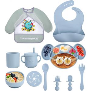 Kal-Silicone Set De Vaisselle Pour B&eacute;b&eacute;,Assiette B&eacute;b&eacute;,Set De 11 Assiettes Pour Enfants Avec Ventouse,Bavoir B&eacute;b&eacute; &Eacute;tanche,Assiette Silicone Antid&eacute;rapante Bpa Free (Bleu) - Neuf