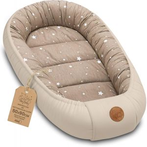 SUBZONAL-R&eacute;ducteur de Lit B&eacute;b&eacute; 90x50cm en Coton, Cocon polyvalent pour Nid d'Ange Couffin et Naissance pratique et l&eacute;ger id&eacute;al pour le transport parfait pour filles et gar&ccedil;ons Beige avec &eacute;toiles blan - Neuf