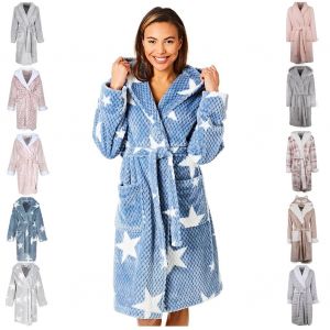 Pretty Woman Pwc6800 Peignoir À Capuche Ultra-Doux Pour Dames Avec Motif Étoilé En Tissu Gaufré,Bleu,S/M - Neuf
