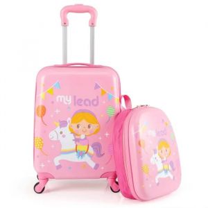 COSTWAY Valise Enfant à Roulettes 16¿¿ + Sac à dos 13¿, Ensemble de Bagage Enfants, Motif Licorne, voyages en avion, Rose - Neuf