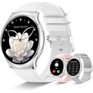 Montre Connect&eacute;e Femme, &Eacute;cran AMOLED 1,43'' Smartwatch avec Repondre Appel 100+ Modes Sportifs Fr&eacute;quence Cardiaque Sommeil Podometre Calories, 3 Bracelets Montre pour Android iOS, Argent&eacute; - Neuf