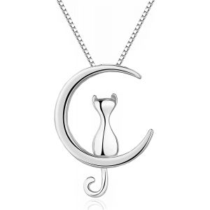 Collier Femme Argent 925 Chat Pendentif Lune Femme Collier Pendentif Chat Enfant Pendentif En Argent Chat Lune Collier Chat Femme Bijoux Collier Lune Chat Argent Collier En Argent Fille - Neuf