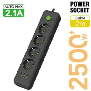 Multiprise De Courant Alternatif Avec Ports Usb,Multiprise,Rallonge De 2M,Adaptateur De Filtre Réseau,Charge Rapide,Prise Ue.F44U Black.Ue Plug - Neuf