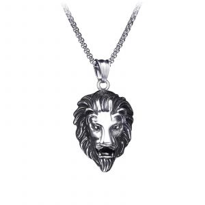 Collier Pendentif T&ecirc;te De Lion En Acier Inoxydable Argent&eacute; Pour Homme, Style Gothique Punk, Cha&icirc;ne De 61 Cm (24 Pouces). - Neuf