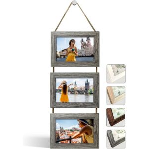 Cadre Photo Multiple avec Corde pour Suspendre au Mur - Lot de Cadres D&eacute;coratifs pour Accrochage Mural Vertical - Porte Portrait Pele Mele - Photos 10x15 (Ch&ecirc;ne Naturel, 4 Photos Horizontal) - Neuf