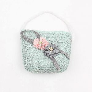 Sac &agrave; main en paille tricot&eacute; pour fille, couleur unie, d&eacute;cor&eacute; de fleurs, pour enfants, &eacute;t&eacute; d&eacute;contract&eacute;, vacances - Neuf