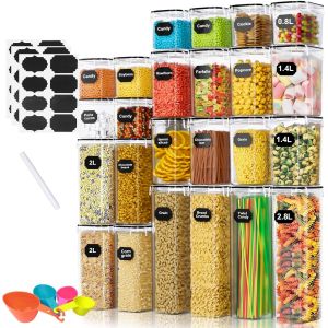 Checarzhn--No1-Boite De Rangement Cuisine Lot De 24, Bocaux Hermetiques Alimentaires En Plastique Scellée Avec Couvercle, Sans Bpa Pour Stocker Les Cereales Pâtes Farine Nourriture Pour Animaux De Co - Neuf