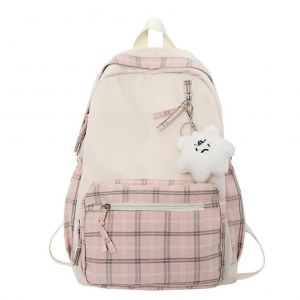 Sac &agrave; dos &agrave; carreaux mignon avec pendentif en peluche Sac de livre d'&eacute;tudiant l&eacute;ger de grande capacit&eacute; Sac d'&eacute;cole Sac &agrave; dos d&eacute;contract&eacute; pour les voyages en plein air Camping Pique- - Neuf
