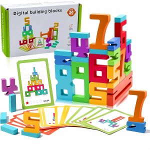 KAL-Jouet &Agrave; Empiler En Bois Jouet D'Empilage Puzzle Num&eacute;rique Avec Les Chiffres 1-10, Avec 15 Cartes D'&Eacute;tude 3D Puzzle Digital Baby Blocks Jouets Pour Les Gar&ccedil;ons Fille - Neuf
