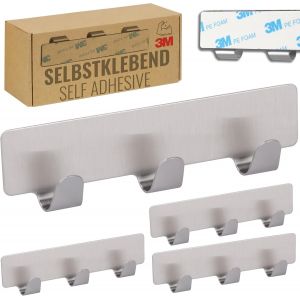 Crochet Adhesif Mural, MH020-2, Barre à Crochets avec 3 Crochets pour Cuisine et Salle de Bain, Crochet porte manteau, Patère murale, Montage sans Percage, Lot de 2, Acier Inoxydable, Argent - Neuf