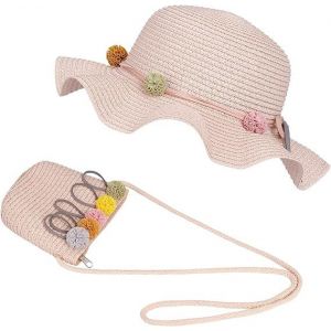 Ensemble Chapeau De Soleil Et Cartable Pour Fille (Rose) Ensemble Chapeau De Paille De Plage D'été Et Mini Portefeuille Mignon Avec Décoration Florale, Adapté Aux Activités De Plein Air De Vacances - Neuf