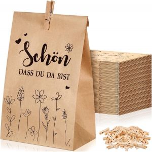 36 Sacs en Papier Kraft en Marron 13 x 24 cm Grands Sacs &agrave; Lunch en Papier Sacs Alimentaires avec 36 Clips pour Sandwich Sucr&eacute; Collation &Eacute;picerie F&ecirc;te d'Anniversaire (Style Mignon) - Neuf