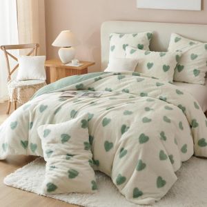 Parure De Lit En Peluche - 135 X 200 Cm - Vert Et Blanc - Avec Housse De Couette Et 1 Taie D'oreiller De 80 X 80 Cm - En Flanelle Polaire - Avec Fermeture &Eacute;clair - Pour L'hiver - Neuf