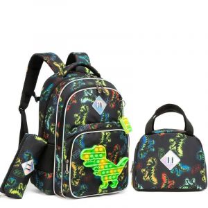 Sac &agrave; Dos Scolaire Dinosaure Gar&ccedil;on avec Sac Repas et Trousse &ndash; Polyester Durable - Neuf