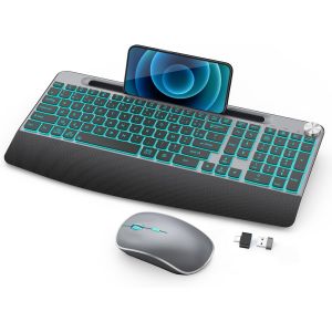KALANKA-Clavier Souris sans Fil, Clavier R&eacute;tro&eacute;clair&eacute; sans Fil avec Support pour Phone, Clavier Souris Rechargeable avec Repose-Poignets, pour PC, Mac, Windows - Grey et Noir - Neuf