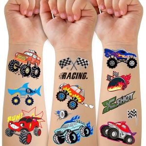 75 Pcs Tatouage Temporaire De Camion Pour Enfants, Camion F&ecirc;te D'anniversaire Style M&eacute;tallique Fournitures De Tatouage Racing Square Flag Trophy Flame Wheel Gar&ccedil;on Faux Tatouage Autocollants - Neuf