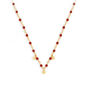 Collier Argent Dor&eacute; Petites Pampilles Serties Et Pierre Onyx Rouge - Neuf