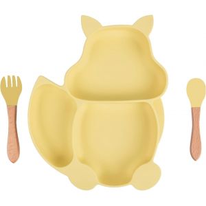 Kal-Ensemble Enfants Vaisselles Assiette À Ventouse Pour Bebe Silicone Bebe Assiette Napperon Set De Table En Silicone Vaisselle Bébé Set Assiette,Pour Formation Manger (Ecureuil-Jaune) - Neuf