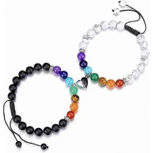 2pcs Couple Bracelet Chakra Pierre Naturelle Magnétique Séparable Coeur Pendentif Réglable Amoureux Bracelet Ensemble Pour Cadeau De La Saint-Valentin - Neuf