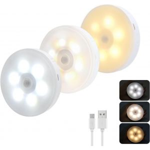 Ersan-Veilleuse D&eacute;tecteur De Mouvement, 3 Couleurs, 0.5w Lampe &Agrave; Led Sans Fil Pour Placard Armoire, Lampe De Nuit Magn&eacute;tique Usb Rechargeable Veilleuse Automatique Pour Escalier Couloir, Lot De 2 - Neuf