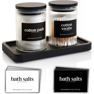 Lot De 2 Pots Et Plateau En Verre C&ocirc;tel&eacute; Pour Salle De Bain - 300 Ml - Avec Couvercles Herm&eacute;tiques En Bambou Noir - Tampon En Coton/Coton-Tige/Porte-Embout Q/Sel De Bain/Organisateur - Neuf