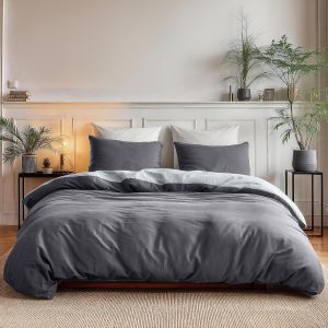 Ulteronixshop-Sleeptime Parure De Lit 200 X 220 Cm - 100% Coton - Gris/Anthracite - Housse De Couette 2 Personnes Douce Sans Repassage Fermeture Boutonn&eacute;e - Linge De Lits Bicolore Avec 2 Taies D'orei - Neuf