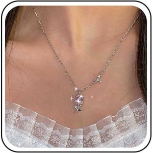 Kal-Collier Pendentif Tulipe Vintage Collier Ras Du Cou Tulipe Argent Collier Ras Du Cou Fleur Rose Collier Pendentif Strass Cha&icirc;ne Fleur Cristal Bijoux Pour Femmes - Neuf