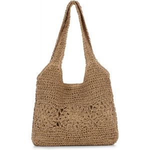RFCBC-Sac Cabas en Raphia Tressé Femme été Grand Léger Boho Sac de Plage Tressé Léger Sac Fourre-Tout Paille Tissé pour Vacances(Marron) - Neuf
