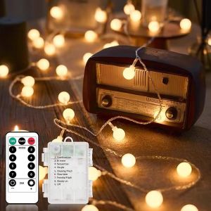 TRAHOO-Guirlande lumineuse, guirlande lumineuse boule 8m 60 LED avec t&eacute;l&eacute;commande, aliment&eacute; par batterie, 8 modes d'&eacute;clairage pour ext&eacute;rieur, int&eacute;rieur, No&euml;l, mariage, jardin (blanc chaud) - Neuf