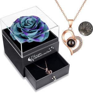 V&eacute;ritable Rose &eacute;ternelle avec Collier I Love You, Rose &eacute;ternelle pour Anniversaire No&euml;l la Saint-Valentin la F&ecirc;te des m&egrave;res,Cadeaux Femme - Neuf