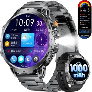 Montre Connect&eacute;e Homme avec 1000mAh/1,85'' HD Grand &Eacute;cran/LED Lampe,Smartwatch Homme avec Moniteur de Fr&eacute;quence Cardiaque et Sommeil/110+ Modes Sportifs,IP68 &Eacute;tanche Android iOS,Noir - Neuf